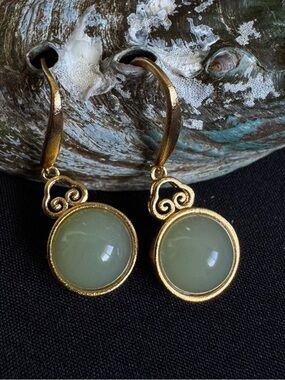 Gold Drop Earrings with Pale Green Jade Stone - Elegant Women Jewelry